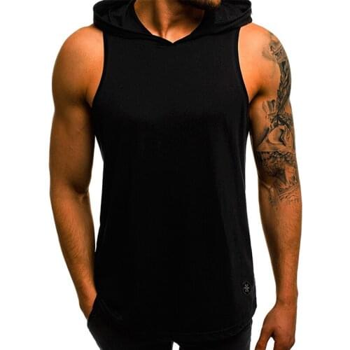 New Hooded Tee Shirt Man Solid Sleeveless Running Gym Clothing Tank Tops Male Slim Breathable Fitness Casual Vest Men Sportswear