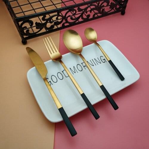 Hot selling process matte Simple style black Gold Knife 304 stainless steel fork spoon 4pcs set reusable western tableware