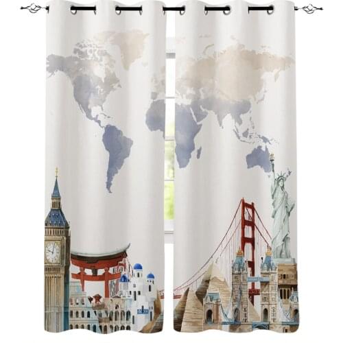 World Map Famous Buildings Curtain for Living Room Kids Room Decoration Bedroom Curtain Window Treatment Drapes