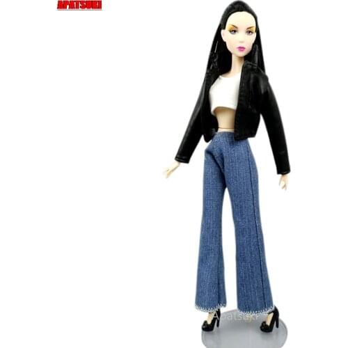 Black Leather Coat Outfits For Barbie Doll Clothes Set Fashion Jacket Wide Leg Denim Jeans Pants Crop Top For Barbie Accessories