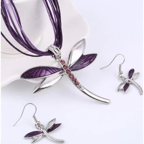 Gifts Wholesale Enamel Jewelry Sets Dragonfly Pendant Necklace Earrings Set Multilayer Wax Rope Chain Jewelry Set Drop Shipping