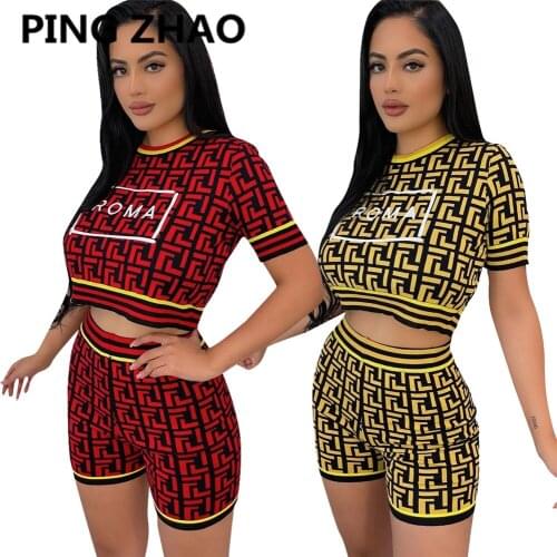 PING ZHAO Summer Print Set Short Sleeve Women Sexy Crop Tops and Biker Short Two Piece Sets Fashion Tracksuit Outfits