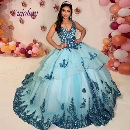Long Sleeve Lace Quinceanera Dresses Ball Gown Sequin Plus Size Mexican 15 year old Sixteen Princess Sweet 16 Prom Dress