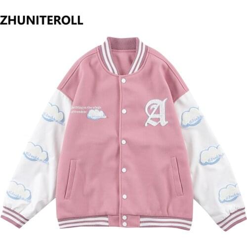 Harajuku Clouds Patchwork Jacket Men Cartoon Cute Bear Bomber Jackets Fashion Baseball Coats Streetwear Windbreaker College Tops
