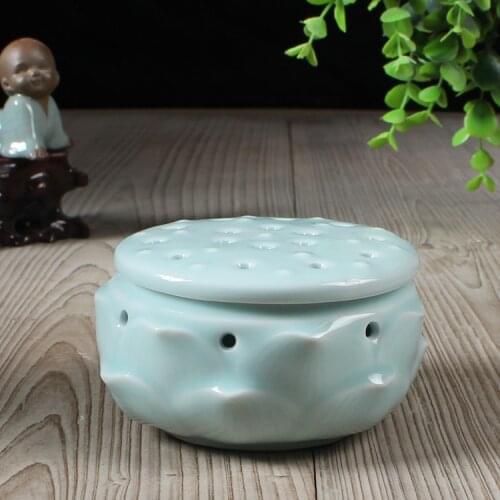 Longquan Celadon Ceramic Porcelain Incense Stove Lotus Shape Burner Holder Furnace Buddha Censer Incense Sticks Incense Coils L