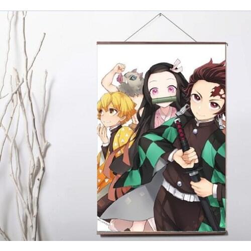Lot style Kimetsu No Yaiba Kamado Tanjirou Kamado Nezuko Anime Art Canvas print poster painting with solid wood hanging scroll