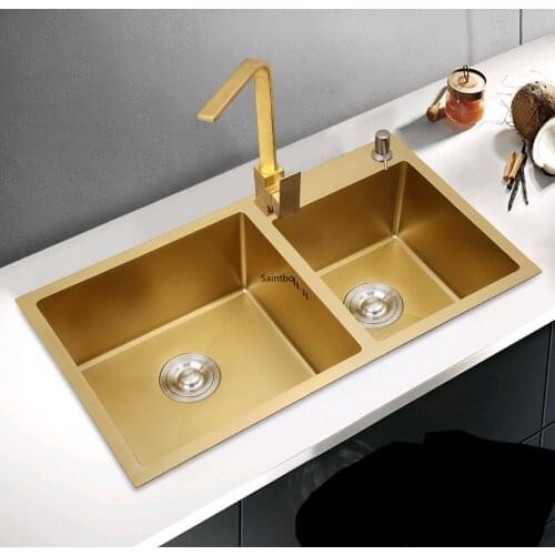 Nanometer gold sink tuhao gold double slot kitchen 304 stainless steel hand washing basin kitchen sink