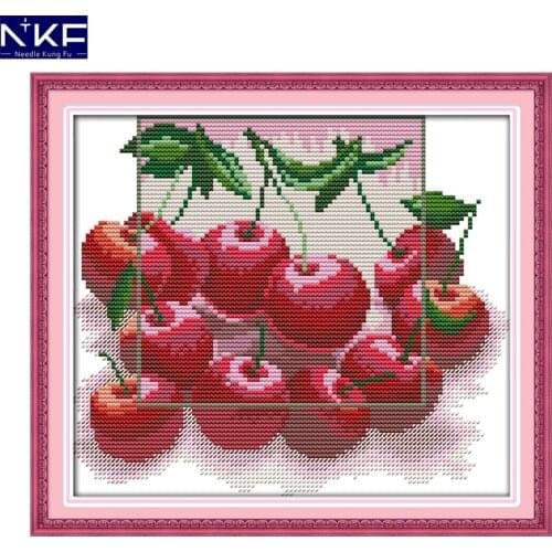 NKF Red Cherry Pattern Counted Cross Stitch DIY Kit Cross Stitch Kit Embroidery Packages Cross Stitched for Home Decoration