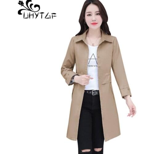 UHYTGF New Korean women spring autumn windbreaker coat Fashion Lady thin plus size coat elegant Female long trench outerwear 322