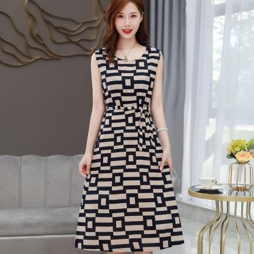 Summer Dresses Women 2021 O-Neck Sleeveless Boho Print A Line Vintage Dress Casual Ladies Beach Sundress Sashes