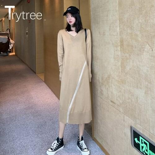 Trytree Spring Summer Dress Women Casual knitting V-Neck Dress Full Straight sleeve Dress Mid-Calf Solid Zipper Elastic Dress