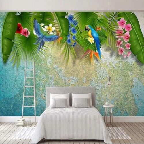 Custom Photo Wallpaper Nordic 3D Stereo Green Leaf Parrot Flowers Birds Mural Living Room Bedroom Home Decor Papel De Parede 3 D