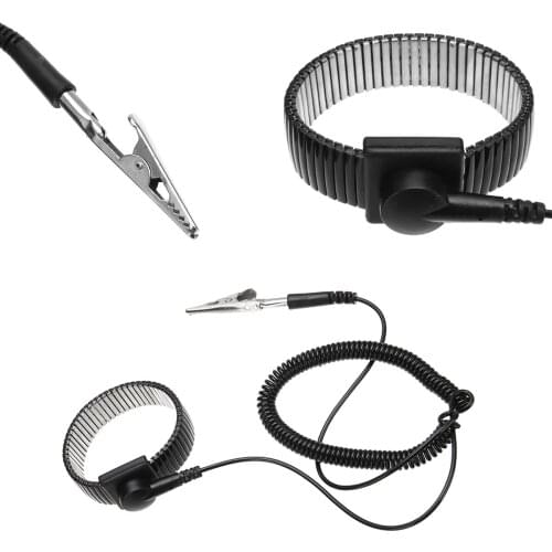 Black Metal Ring Anti Static Ground Wrist Strap Band ESD Discharge Cord Wire Cable Metal Bracelet with Alligator Clip