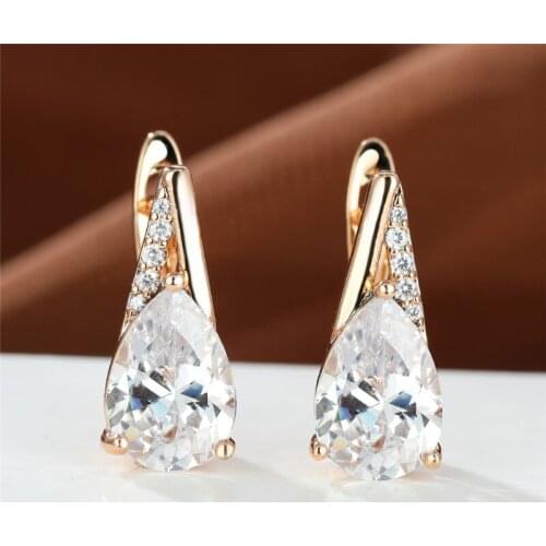 Boho Rose Gold Color Hoop Earrings Charm Crystal Pear Cut Stone Earrings Cute Water Drop White Zircon Earrings For Women Jewelry