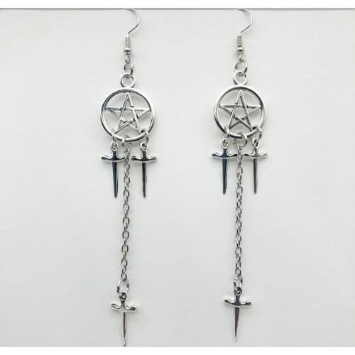 Pentagram Swords Earrings Silver Plated Huggie Hoops Dangle Witchy Jewelry Pagan Wiccan Tarot Gothic Emo Women Gift