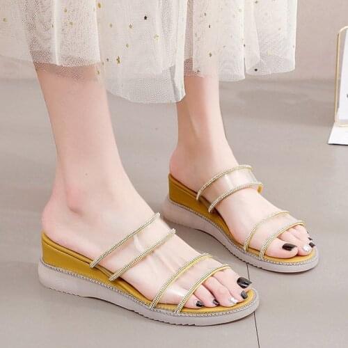 2021 New Summer Style Sexy Womens Slides Rhinestone Wedges High Heels PVC Transparent Slipper Party Dress Ladies Shoes KS-A29