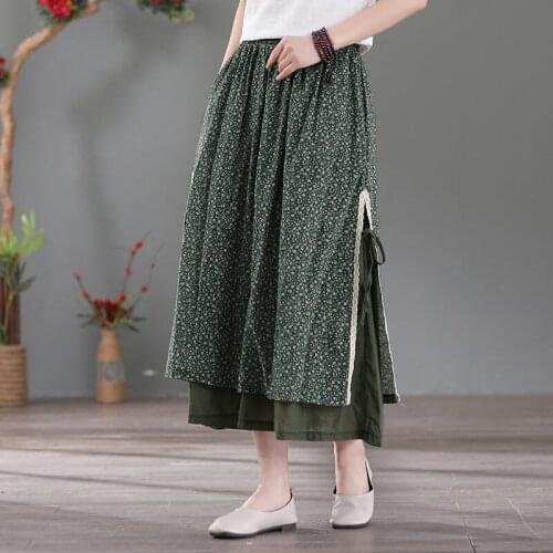 Retro Cotton And Linen Floral Lace Stitching Skirt Female Spring Summer Side Slit Double-Layer Midi Skirt Women 2021 Faldas zh78