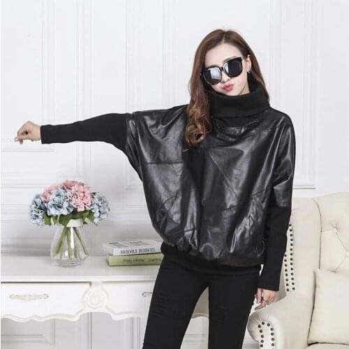 Hot Sale Korean 2020 autumn leather solid color vintage new women shirts high collar Batwing sleeve Loose blouse