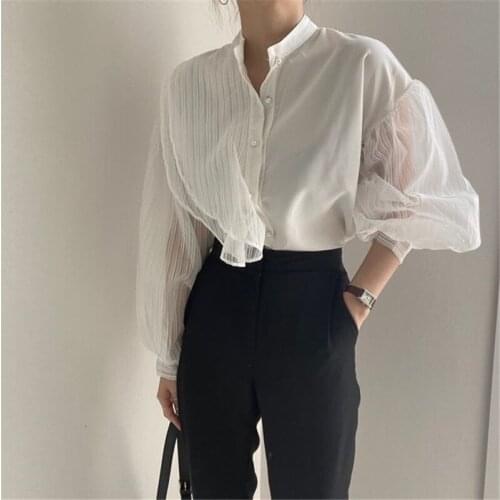 HziriP Women See-Through Patchwork 2020 Mesh Stand Office Lady High Quality Brief Gentle Elegance Silky All Match Chic Shirts