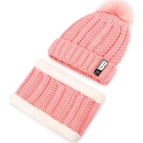 201902Womens winter wool hat plus velvet knit hat, warm ear protector collar set of two sets, hair ball cute pullover cap