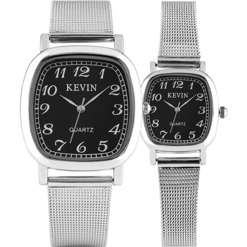 Silver Stainless Steel Lovers Watches KEVIN Brand Couple Quartz Watch Arabic Numeral Display Square Dial Casual Men Women Clock