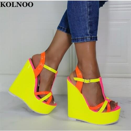 KOLNOO New Simple Handmade Ladies Wedges Heeled Sandals T-Strap Multicolored Patchwork Leather Party Prom Evening Fashion Shoes