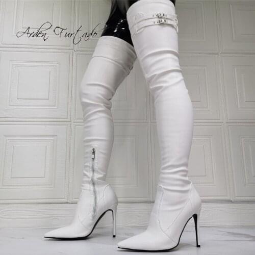 Arden Furtado Fashion Womens Shoes Winter Sexy Pointed Toe New Zipper White Over The Knee High Boots Big Size 45 46 47