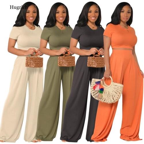 Women summer two piece set fashion elegant business solid short sleeve top and wide leg pant Wholesale Dropshipping