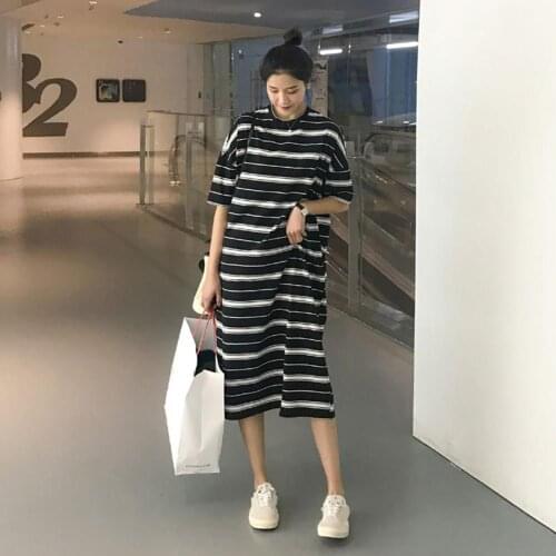 2021 Summer Fashion Casual Slim Women O Neck Short Sleeve Casual Striped Long T-shirt Loose Black Dress