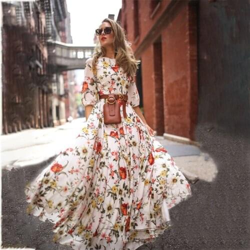 New Women Fashion Bohemian Floral Printed Long Dress Summer Causal Maxi Dress Chiffon Big Swing Beach Dress -40