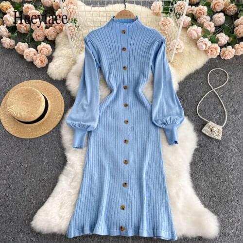 Slim Button Autumn Knitted Sweater office long dress Winter turtleneck casual vestido de festa Women tunic a-line dress