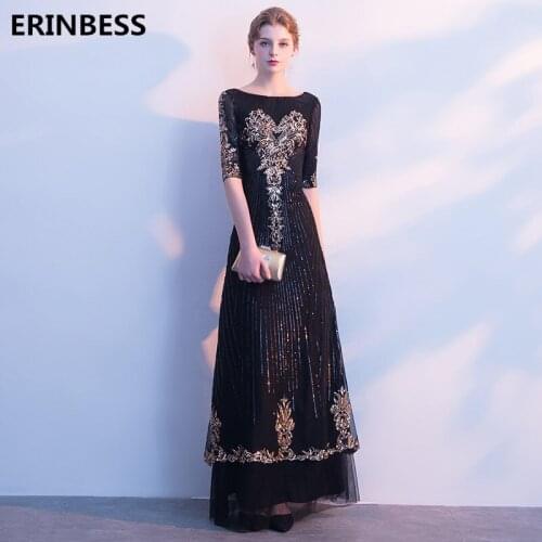 Vestido De Festa Sexy Scoop Neck Evening Dresses Long Dress 2019 Robe De Soiree Half Sleeve Black Evening Dress Elegant Formal