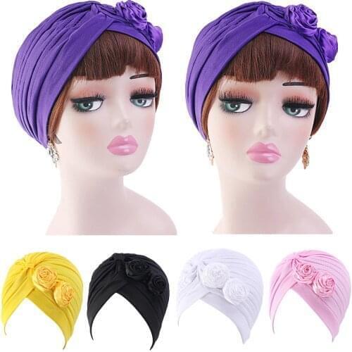 2021 Stretch Inner Caps Muslim Pleated Hat Turban Femme Musulman Turbante Ready to Wear Bonnet Flower Indian Headwrap Chemo Hat
