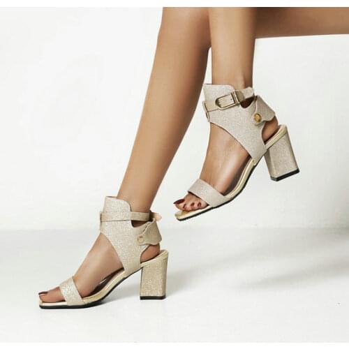 2021 Summer Glitter Bling Gold Sliver Punk Goth Ladies Shoes Block High Heels Open Toe Buckle Strap Women Sandals Oversize 47 48