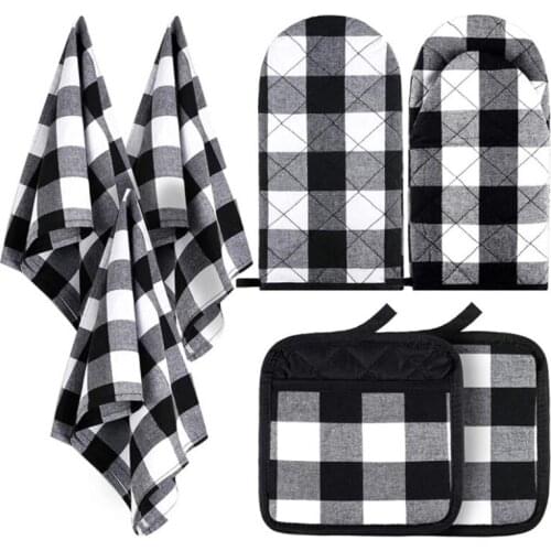 7 Pcs Check Dish Towels Pot Holders Oven Mitts Non-Slip Heat Resistant Oven Mitts and Pot Holders for Cooking Grilling