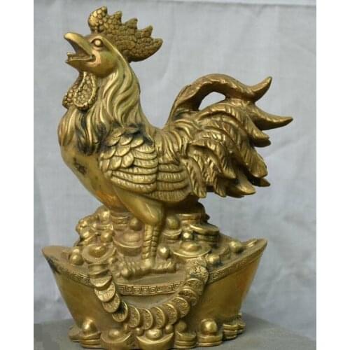 8" Chinese Brass Animal Year Zodiac Cock Rooster On Wealth Money Yuanbao Statue