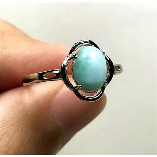 8x6mm Real Natural Blue Larimar Beads Ring Jewelry For Woman Man Crystal Oval Silver Water Pattern Stone Adjustable Ring AAAAA