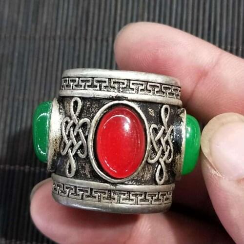 Antique ruby green jade silvers Tibetan silver inlaid Gemstone Ring