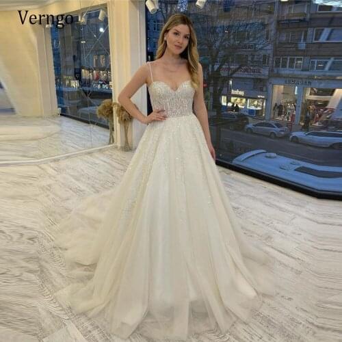 Verngo Sparkly Glitter A Line Wedding Dress For Bride Spaghetti Straps Sweetheart Tulle Sweep Train 2021 Bridal Gowns Mariage