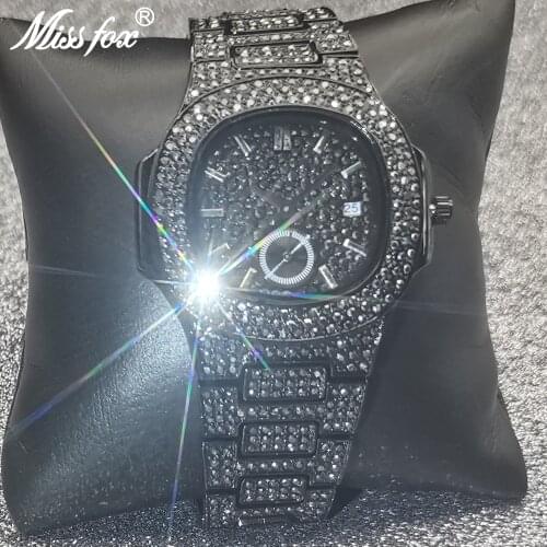Hip Hop MISSFOX Fully Iced Out Diamond Bling Men Watches Stainless Steel Fashion Top Luxury Watch Diamond Quartz Wristwatches