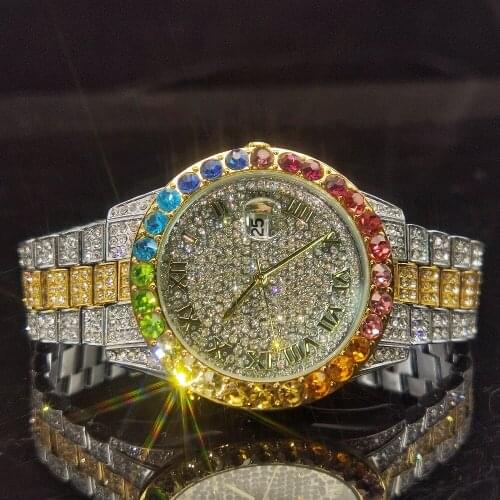 MISSFOX Rainbow Diamond Men Watches Luxury Gold And Silver Quartz Iced Out Wristwatch Man Fashion Blingbling Relógio Masculino