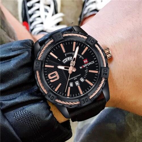 NAVIFORCE Mens Watches Black Fashion Business Sport Leather Strap Water Resistant Luminous Hands Alarm Luxury Class Male Watch