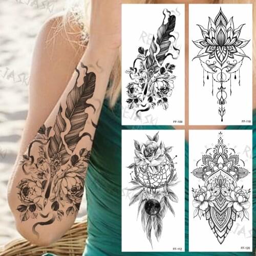 Black Feather Leaf Rose Temporary Tattoos For Women Girls Dream Catcher Pendant Henna Fake Tattoo Sticker Waterproof Arm Tatoos
