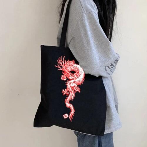 Kawaii Girl Bolsos Pink Kpop Black Shopping Bag Korean Cotton Anime Lucky Cloud Red Dragon Totem Canvas Shoulder Bag With Zipper