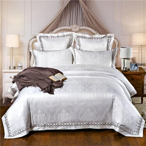 White/Gold/Blue King Queen Size Bedding Sets Luxury Embroidered Satin Cotton Jacquard Duvet Cover Bed Linen Sheet Pillowcases