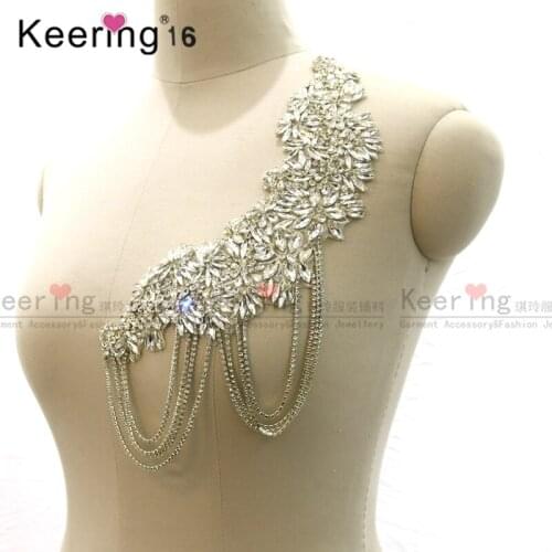 Fashion Silver Tassel Rhinestone Bodice Applique Patch For Shoulder Strap WDP-325