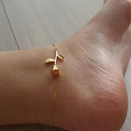 2021 New Simple Gold Color Rose Flower Chain Anklets Bohemian Vintage Footwear Summer Ocean Beach Ankle Bracelet Foot Jewelry