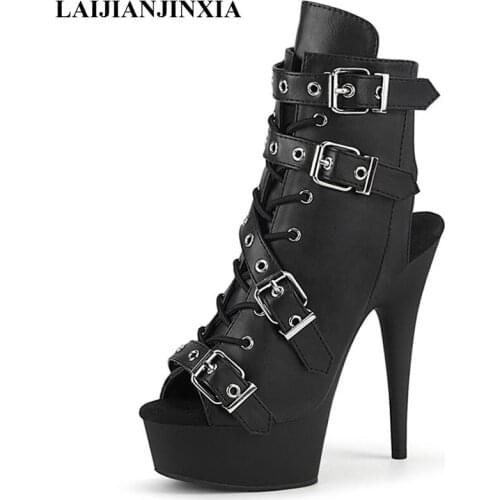 LAIJIANJINXIA New Super High Heeled Shoes Platform Lace Up Open Toe Low Tube Ankle Boots exy Fetish Nightclub Pole Dancing Shoes