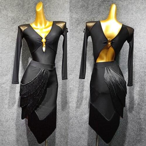 Latin Dance Dress Black Sexy Halter Bodysuit Tassel Skirt Ladies Rumba Chacha Samba Carnival Costumes Adult Practice Wear DN4063