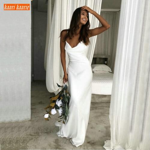 Sexy White Boho Mermaid Wedding Gowns Spaghetti Straps V Neck Simple Long Wedding Dress Ivory Satin Chiffon Pleat Bridal Dresses